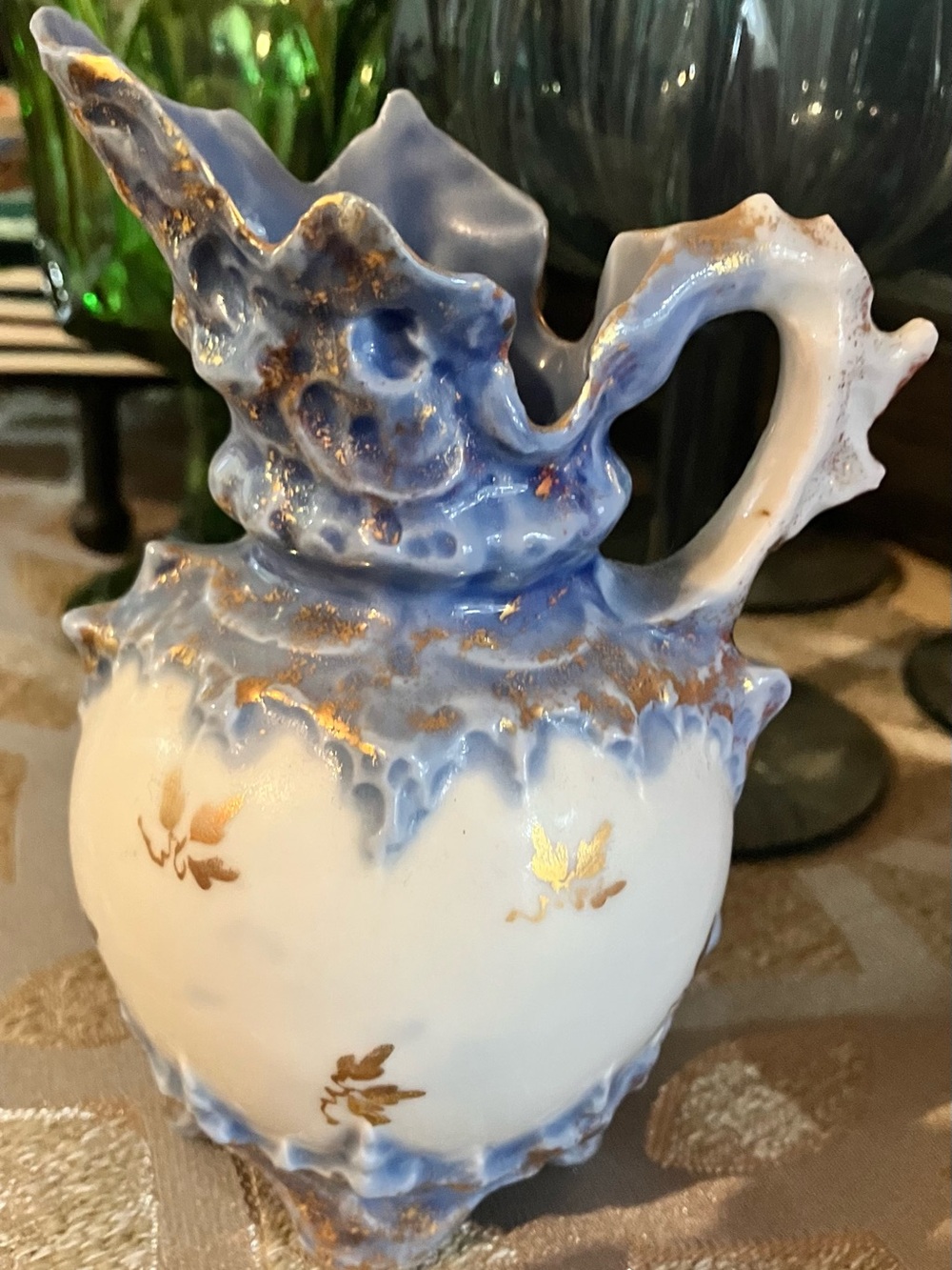 Antique Small Blue and White Porcelain Pitcher with Gold Accents